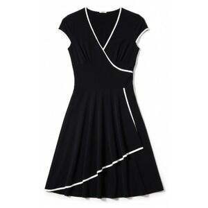 Vintage Y2K Studio Y Black Dress White Trim Short‎ Sleeve Fit Flare Ruffle Small